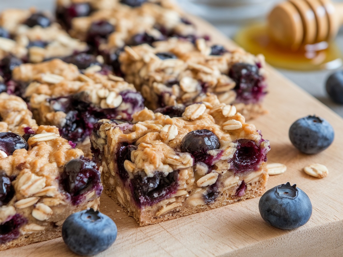 Healthy Blueberry Oatmeal Breakfast Bars Healthy Blueberry Oatmeal Breakfast Bars with oats and blueberries on a wooden cutting board.